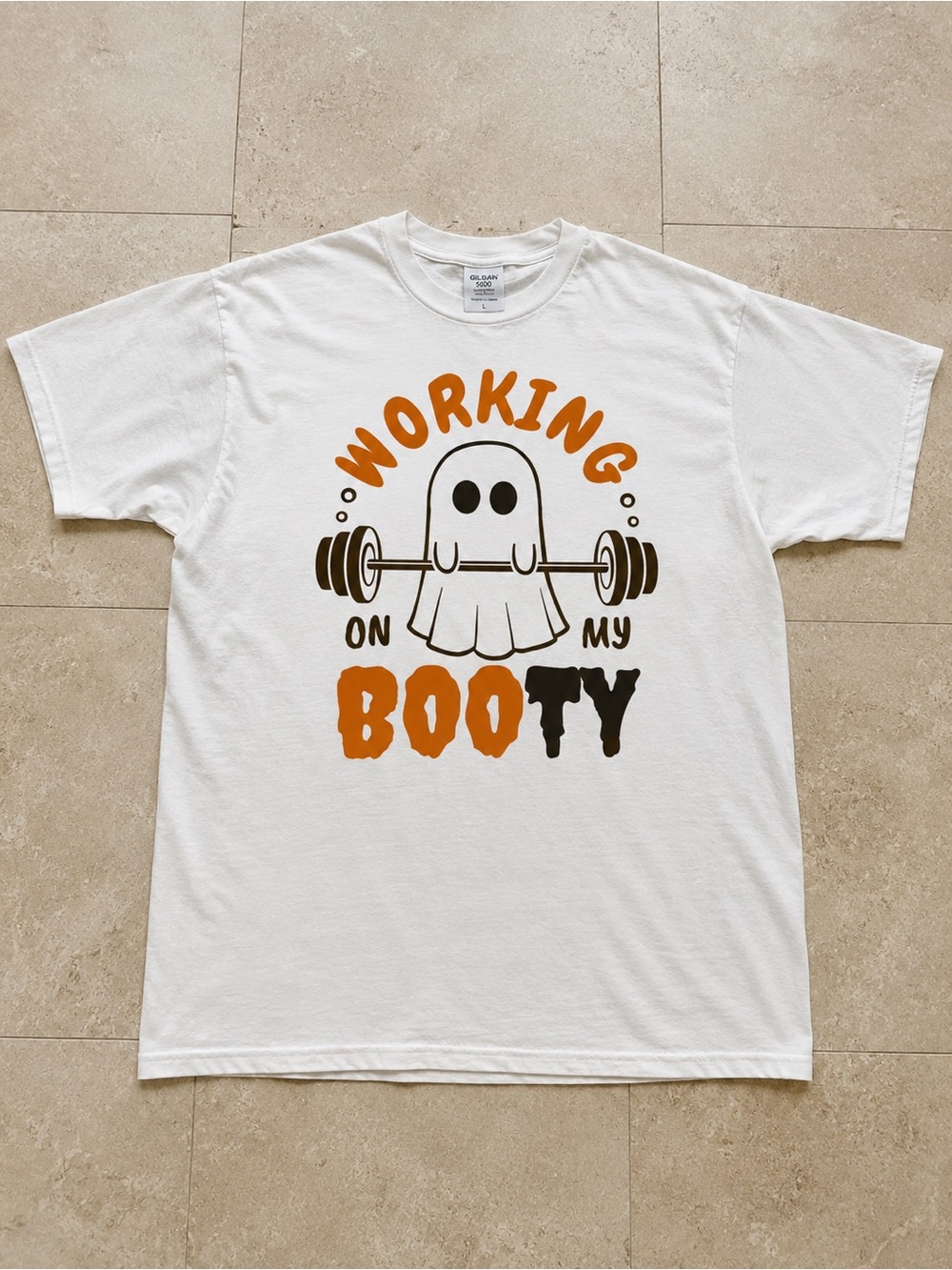 White Graphic Tee with Orange & Black Ghost Design T-shirt